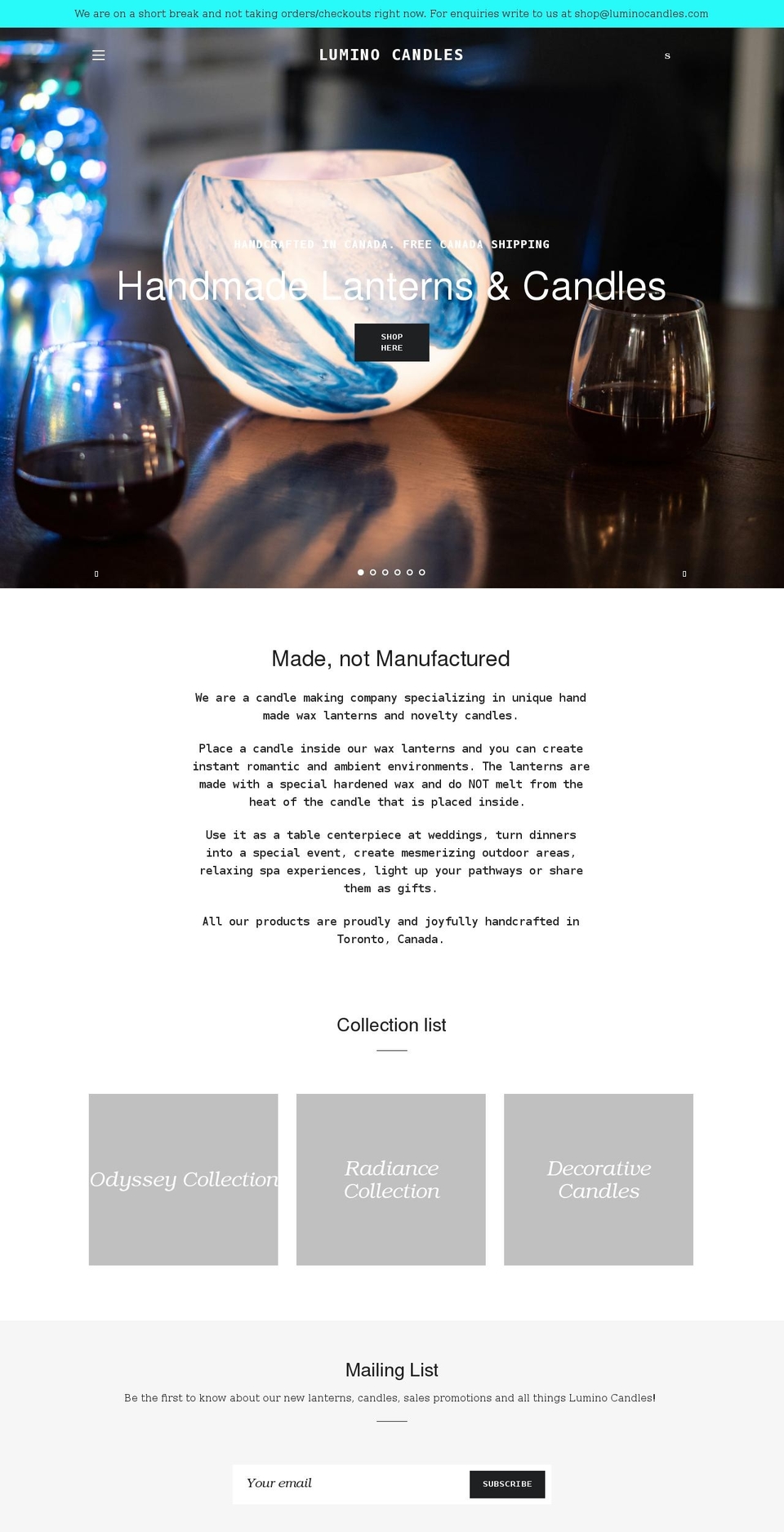 luminocandles.com shopify website screenshot