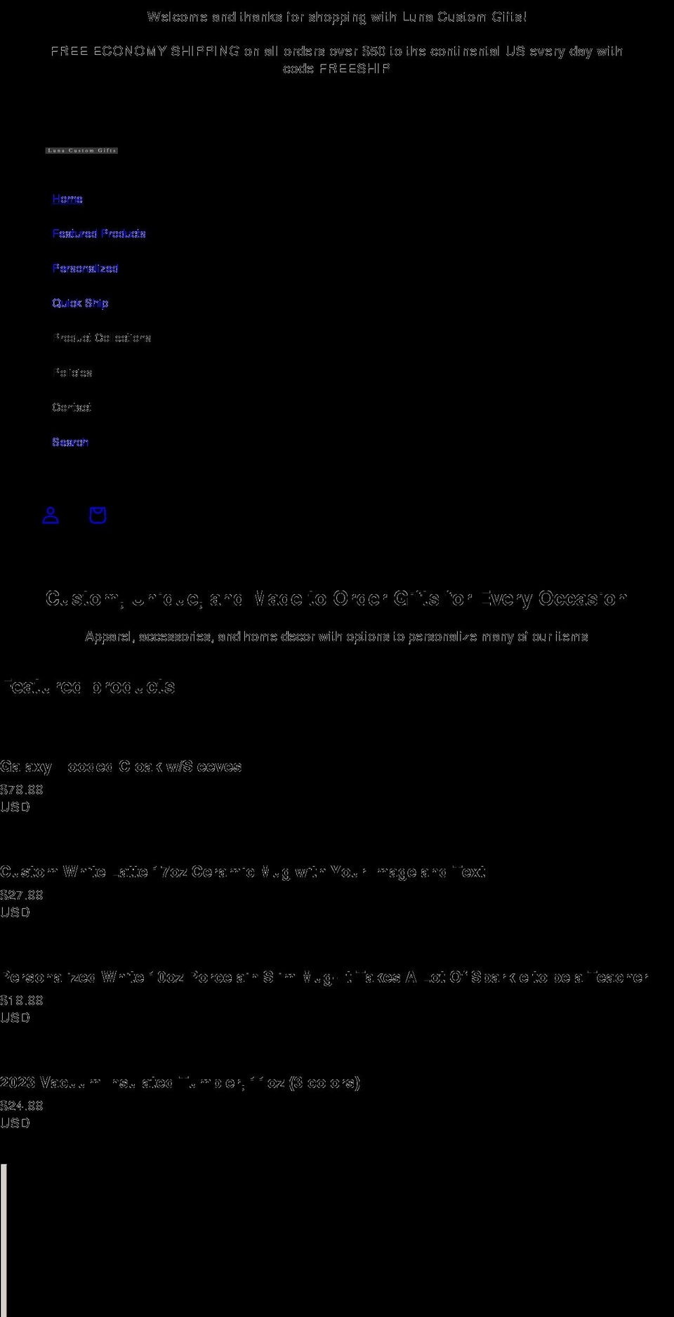 lunacustomgifts.com shopify website screenshot