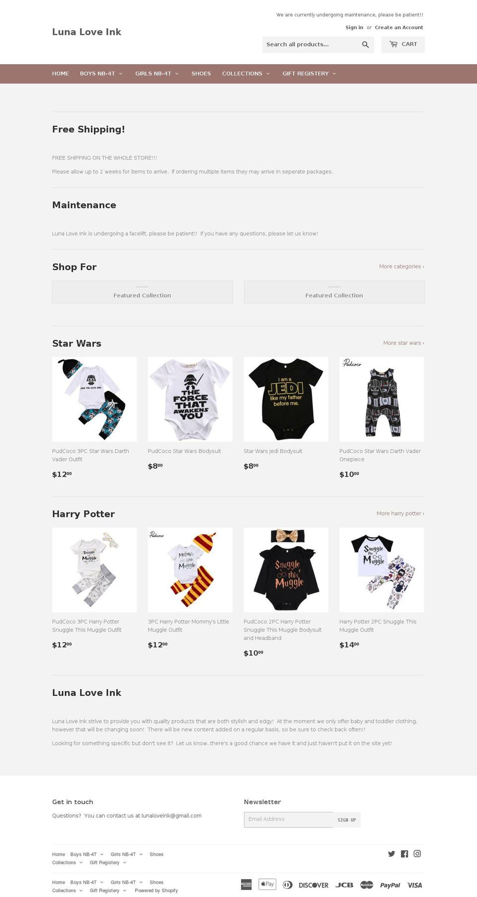 lunaloveink.com — Shopify storefront screenshot