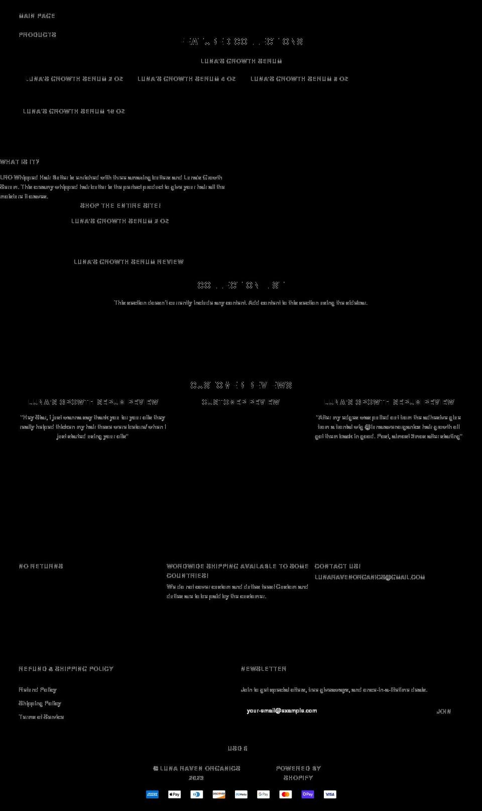 lunaravenorganics.com shopify website screenshot