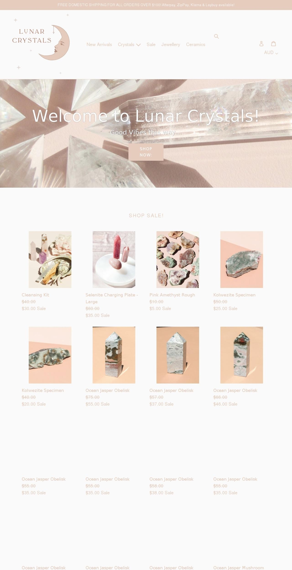 lunarcrystals.com.au shopify website screenshot