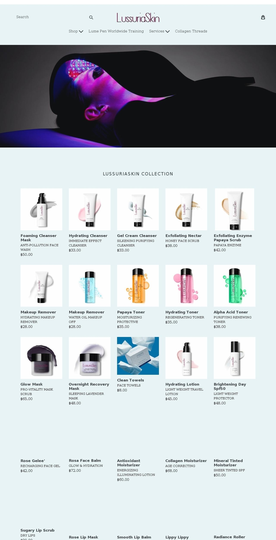 lussuriaskin.com shopify website screenshot