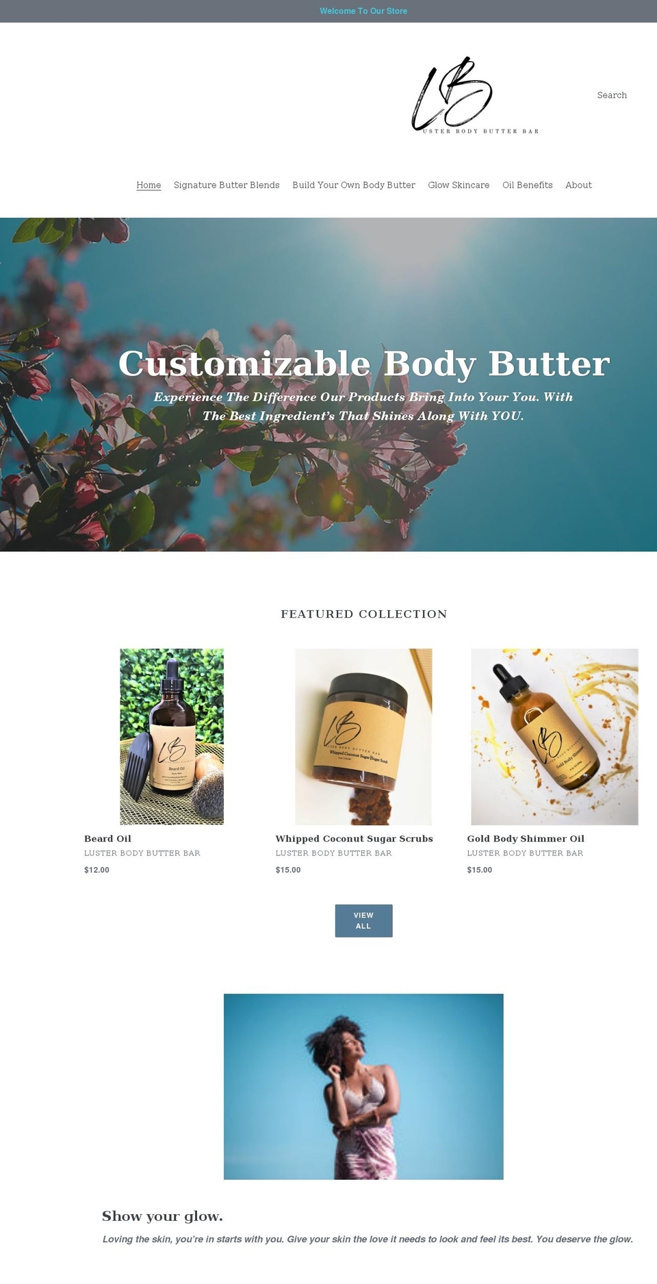 lusterbodybutterbar.com shopify website screenshot