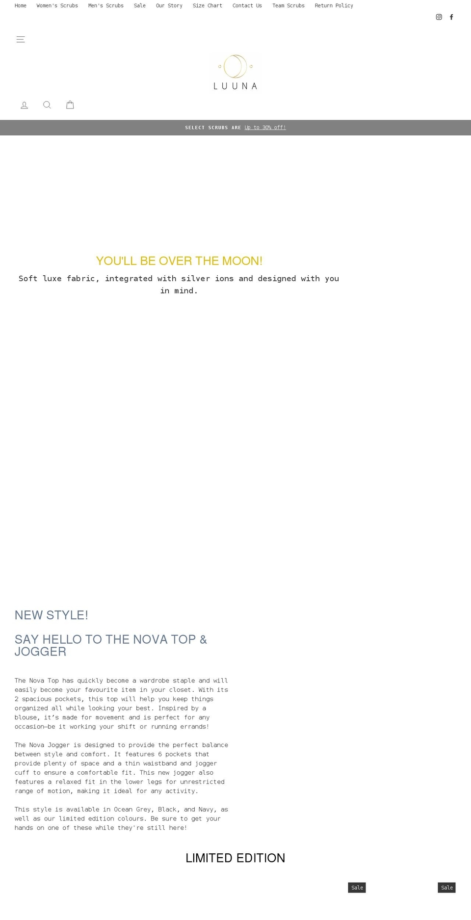 luunascrubs.com shopify website screenshot