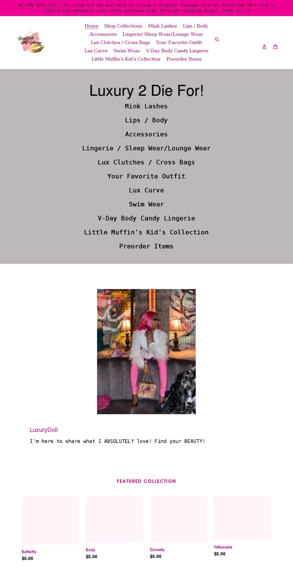 luxdollslaycollections.com shopify website screenshot