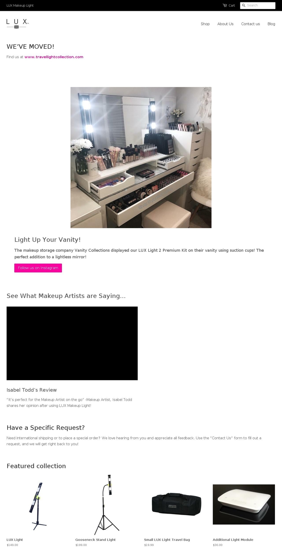 luxmakeuplight.com shopify website screenshot