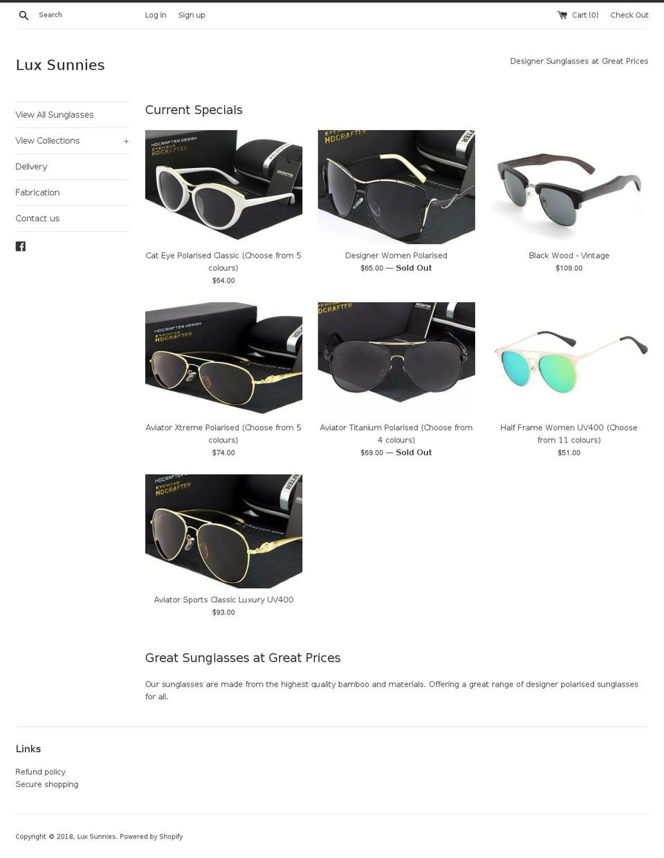 luxsunnies.com shopify website screenshot