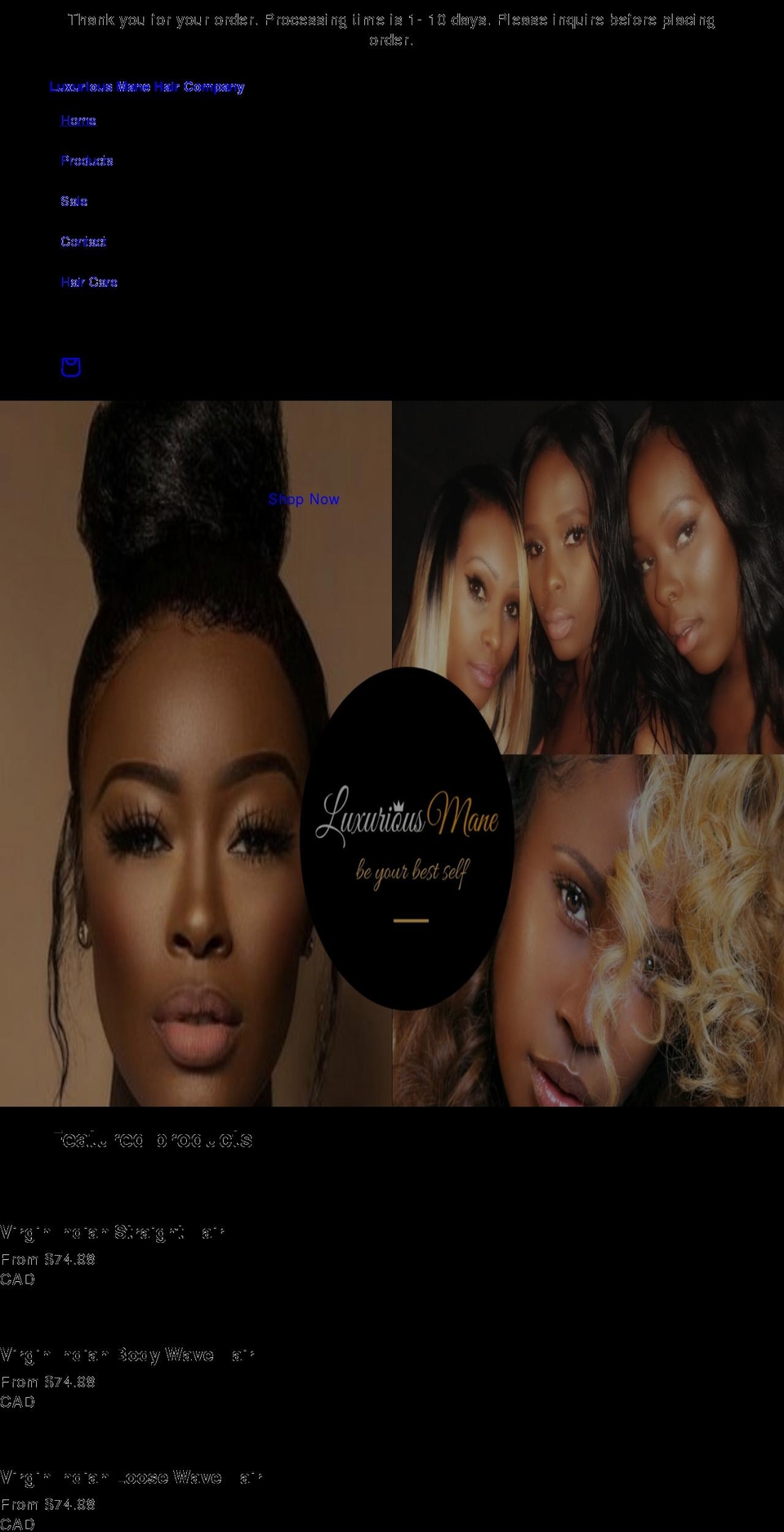 luxurious-mane.com shopify website screenshot