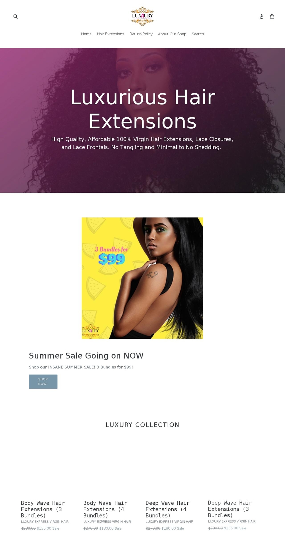 luxuryexpressvirginhair.com shopify website screenshot