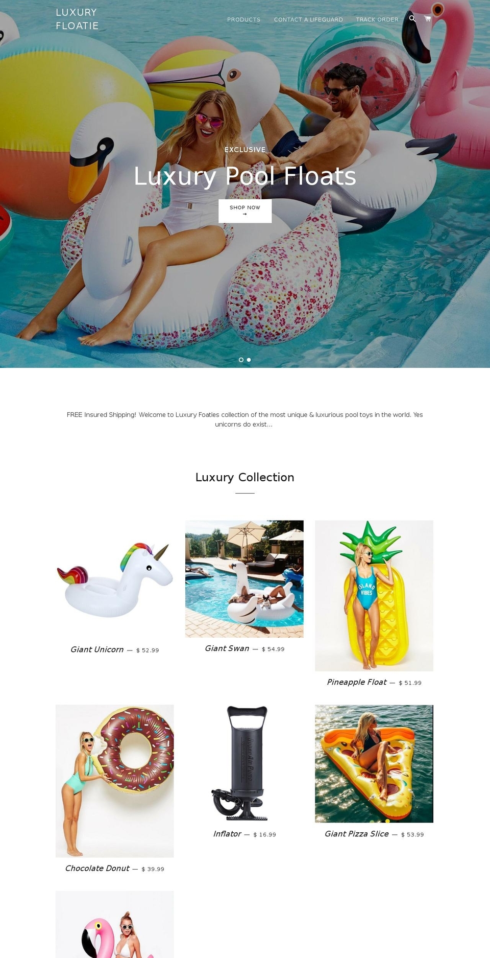 luxuryfloatie.com — Shopify storefront screenshot
