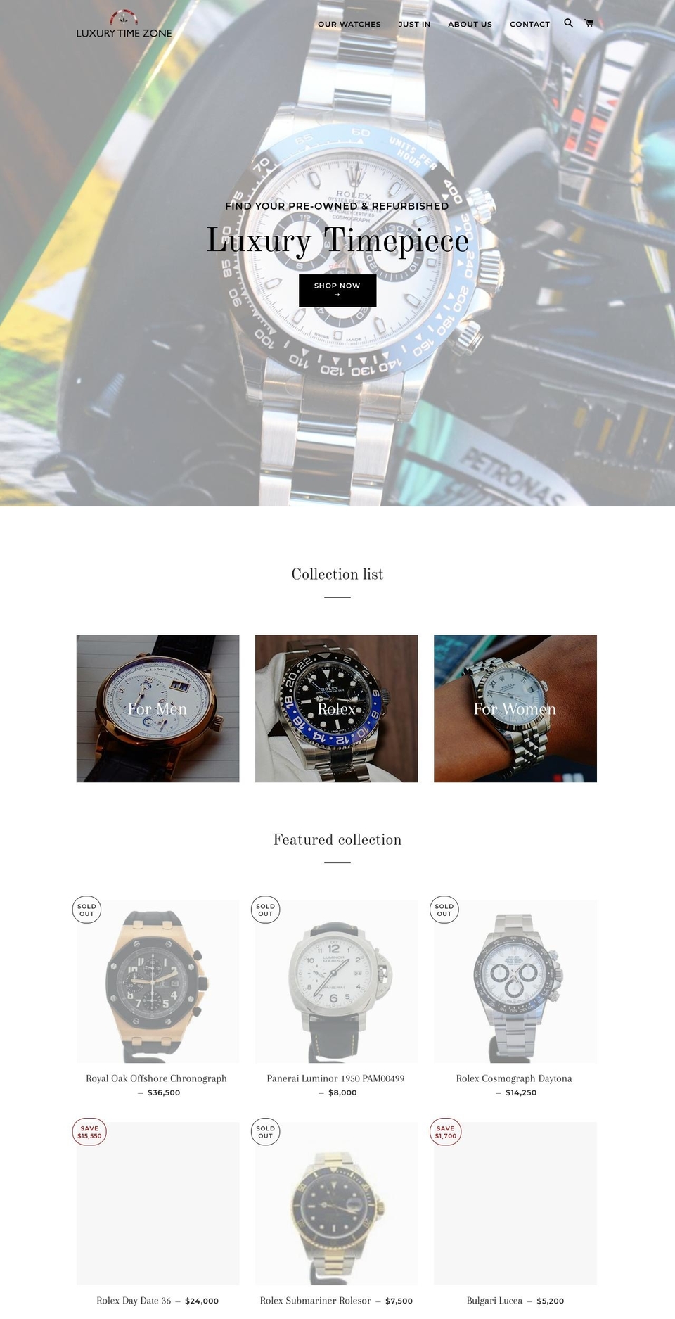 luxurytimezone.com — Shopify storefront screenshot