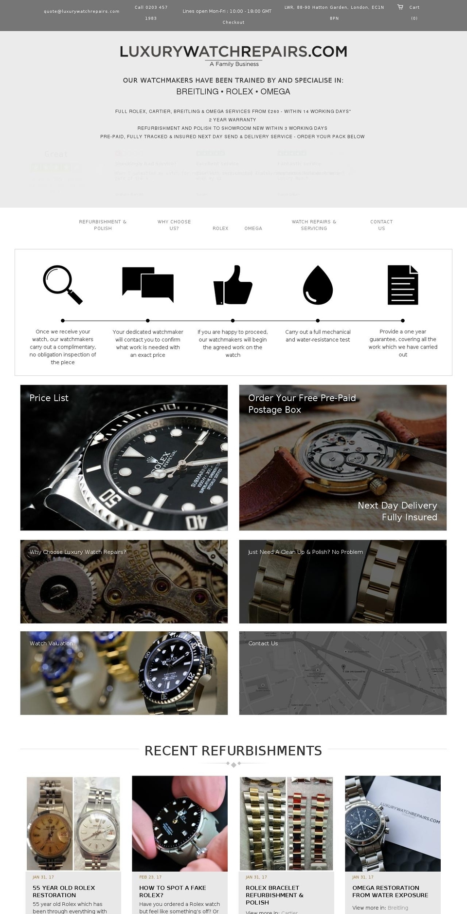 luxurywatchrepairs.com shopify website screenshot