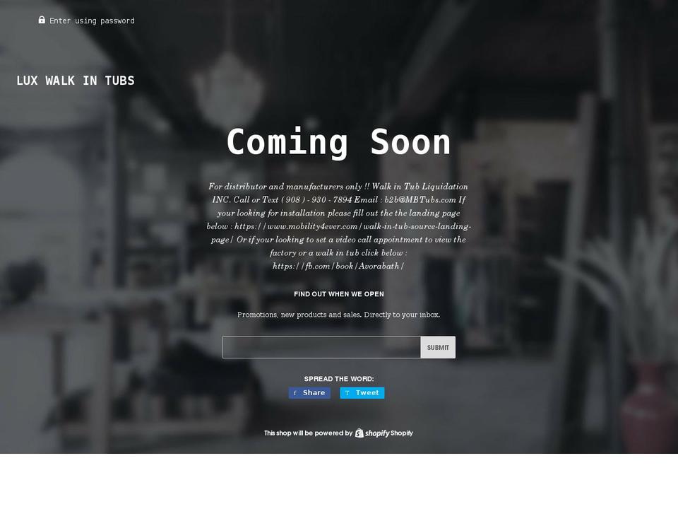 luxwalkintubs.com shopify website screenshot