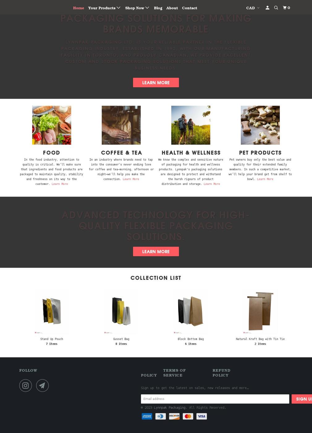 Current Shopify theme site example lynnpak.com
