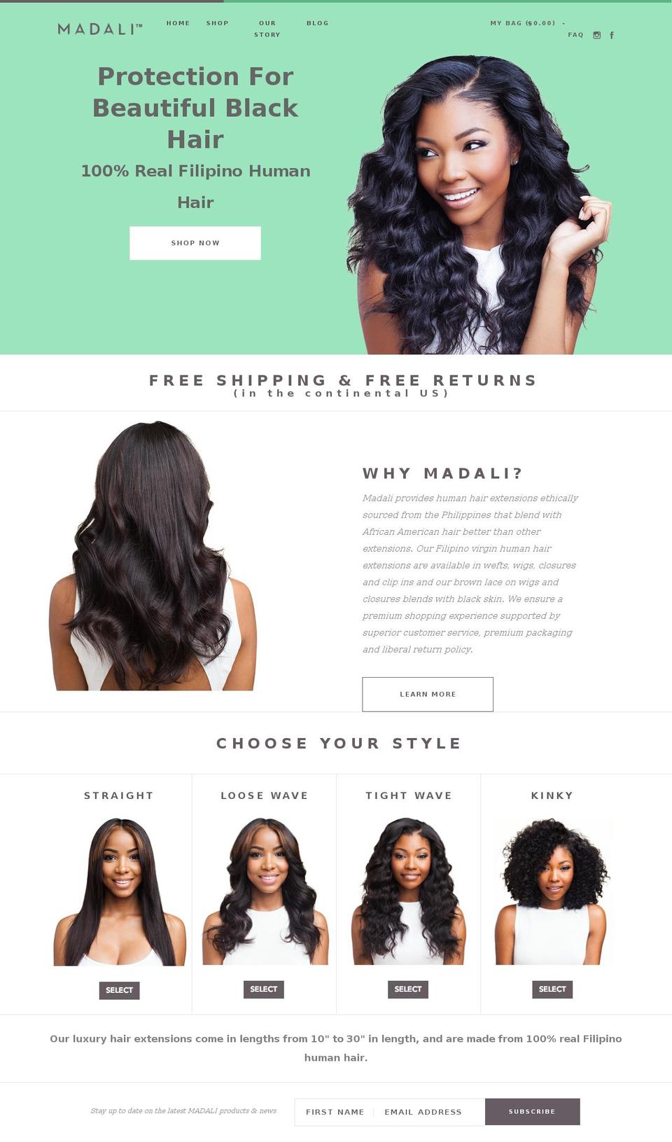 madalihair.com shopify website screenshot