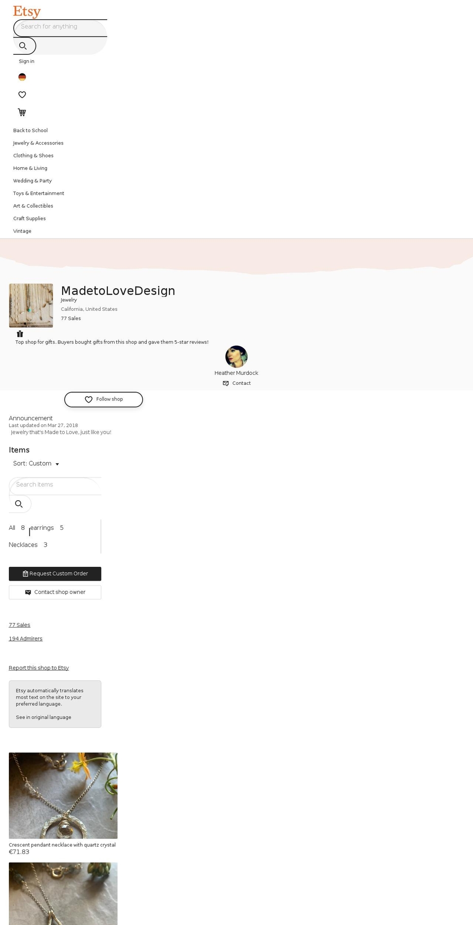 madetolovedesigns.com — Shopify storefront screenshot