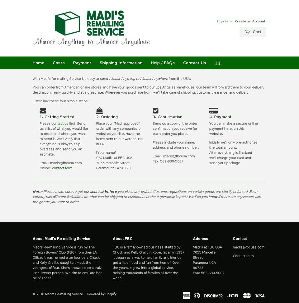madisremailing.com — Shopify storefront screenshot