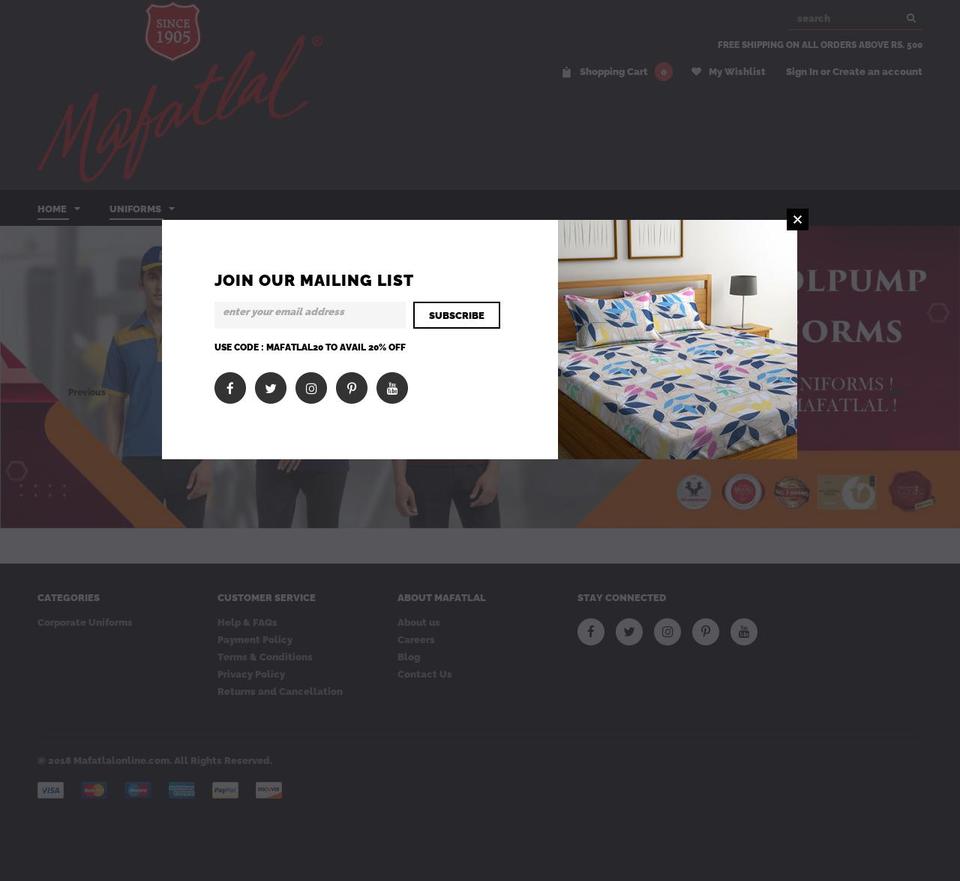 mafatlalonline.com — Shopify storefront screenshot