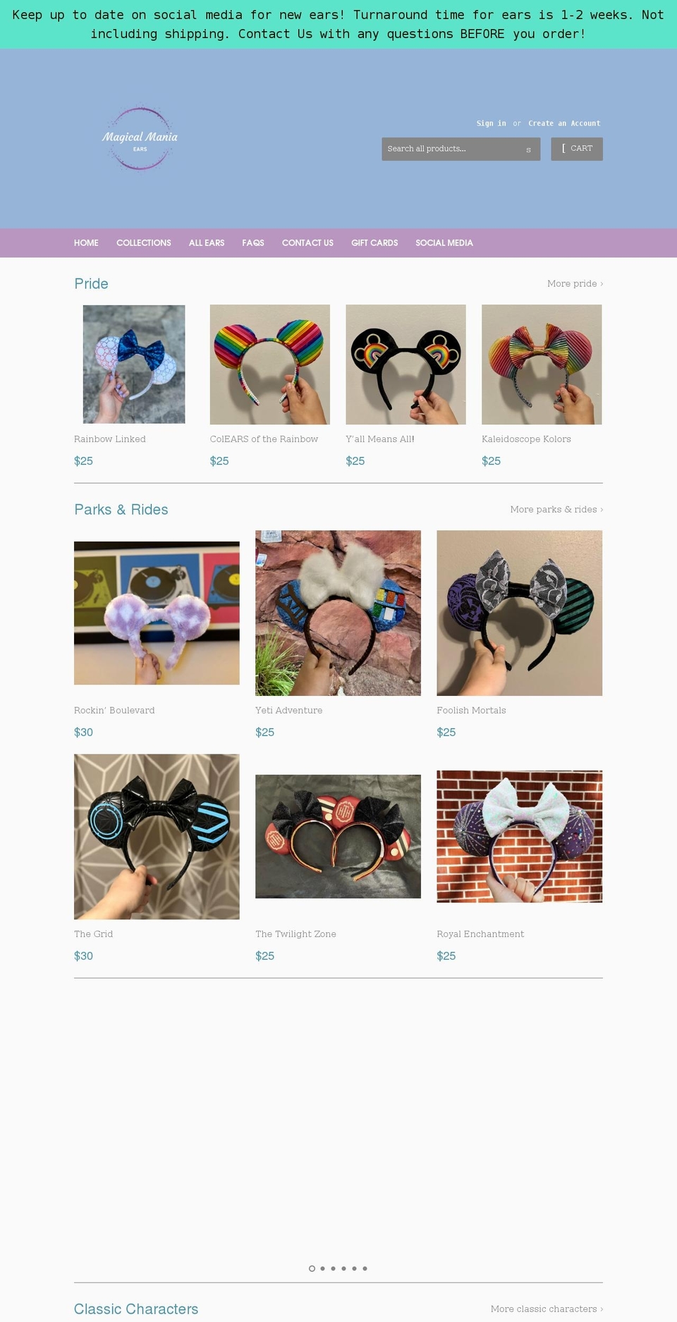 magicalmaniaears.com shopify website screenshot