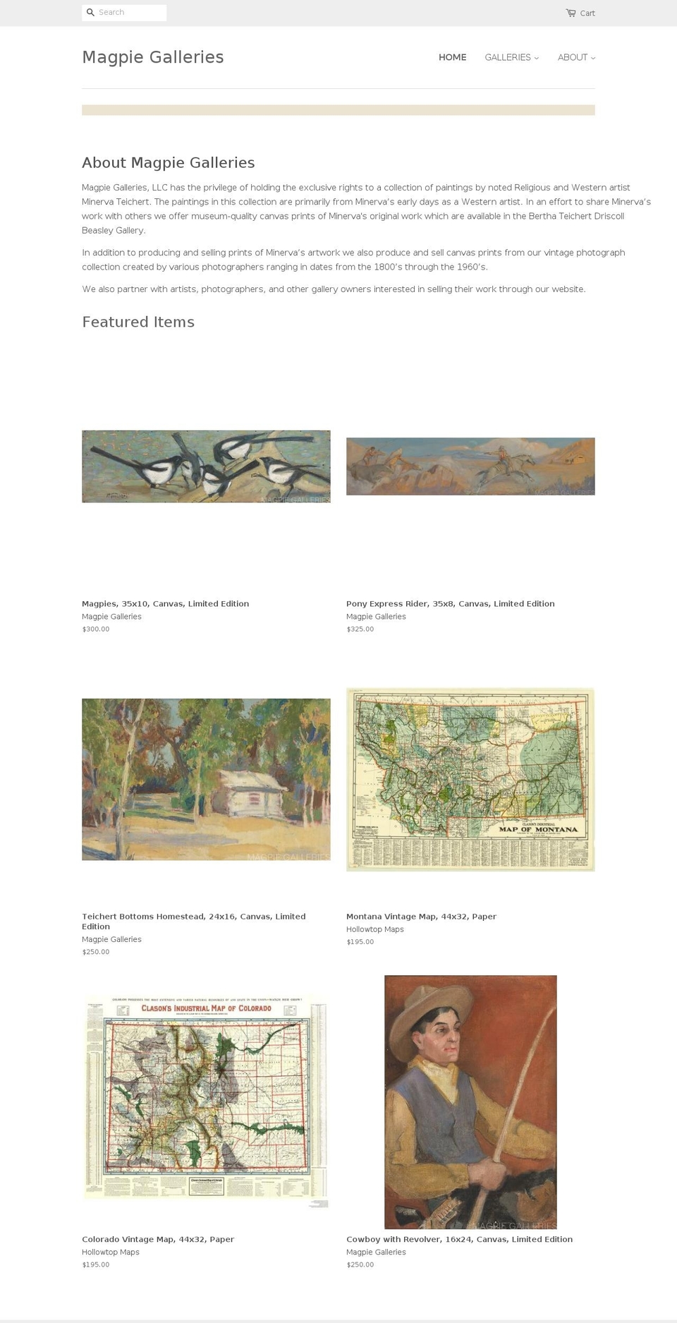 magpiegalleries.com — Shopify storefront screenshot