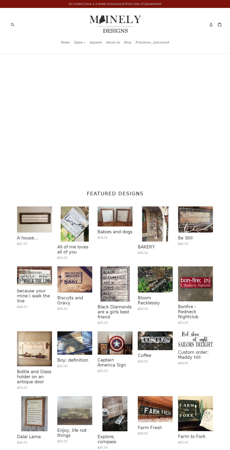 mainelydesigns.com — Shopify storefront screenshot