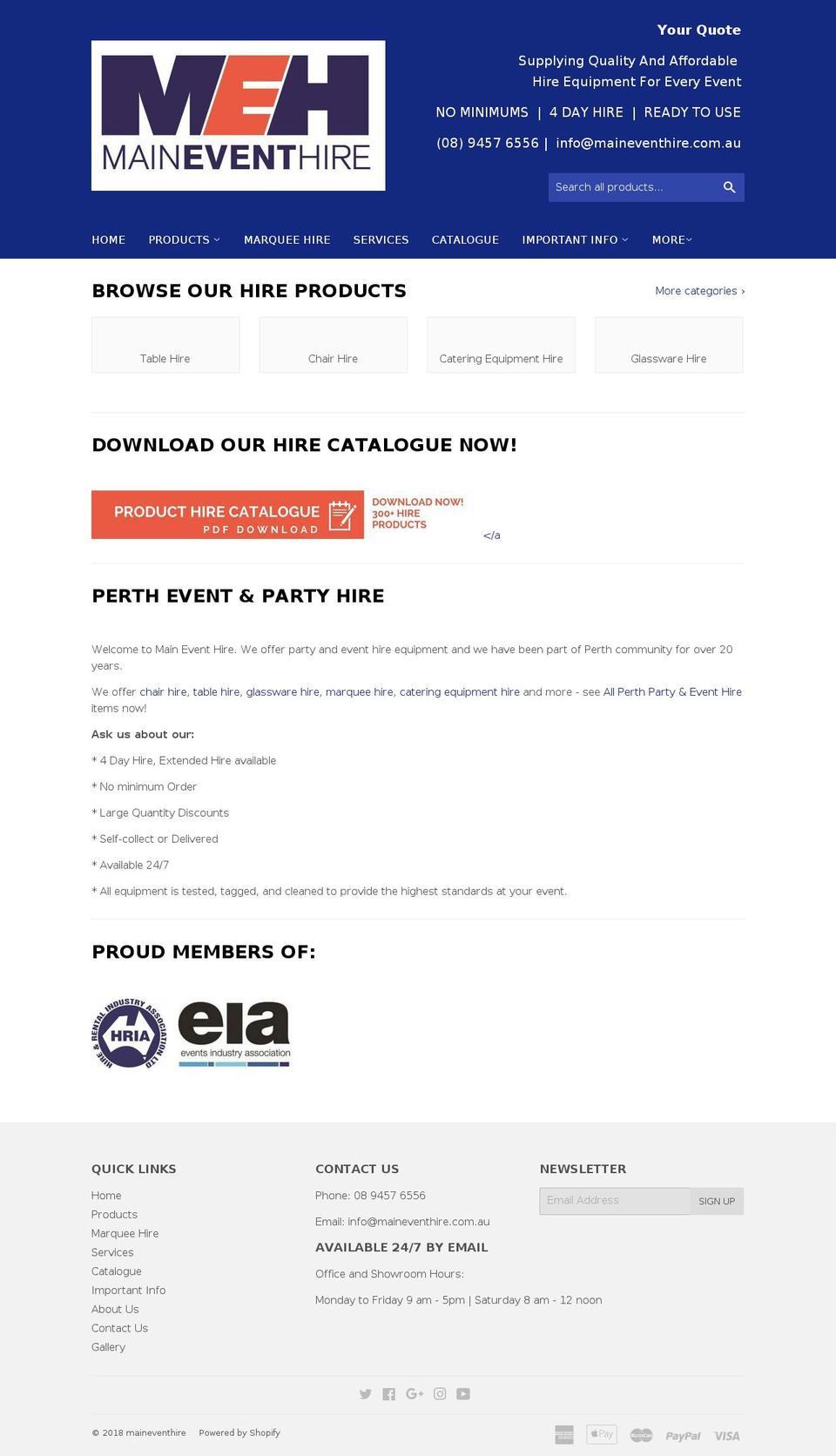 maineventhire.com.au shopify website screenshot