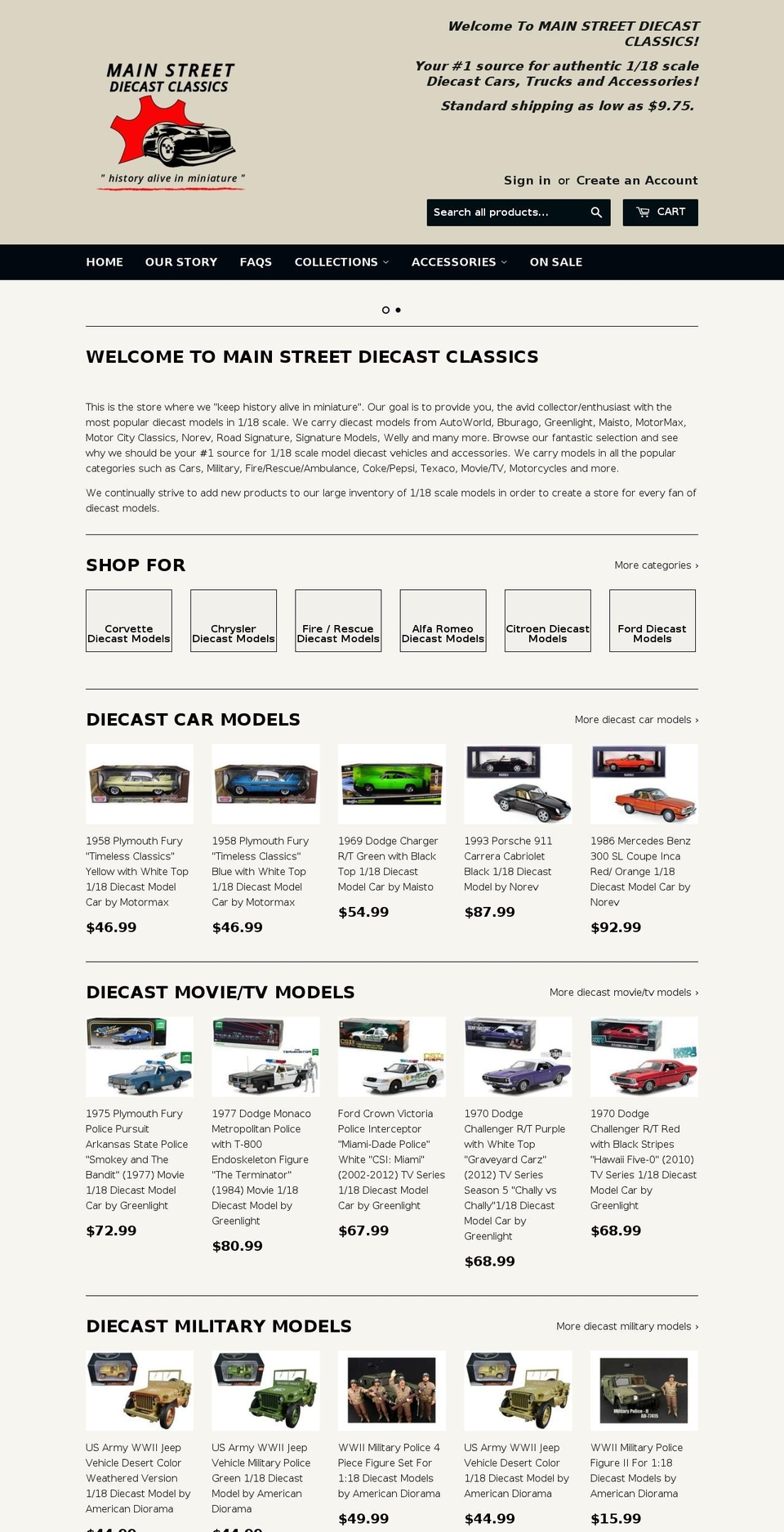 mainstreetdiecastclassics.com — Shopify storefront screenshot