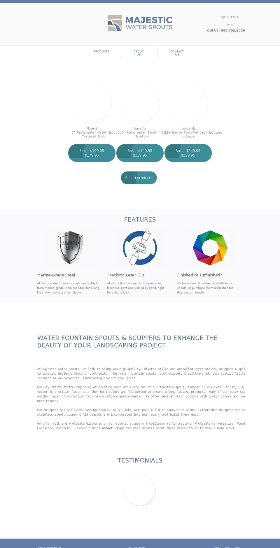 majesticwaterspouts.com — Shopify storefront screenshot
