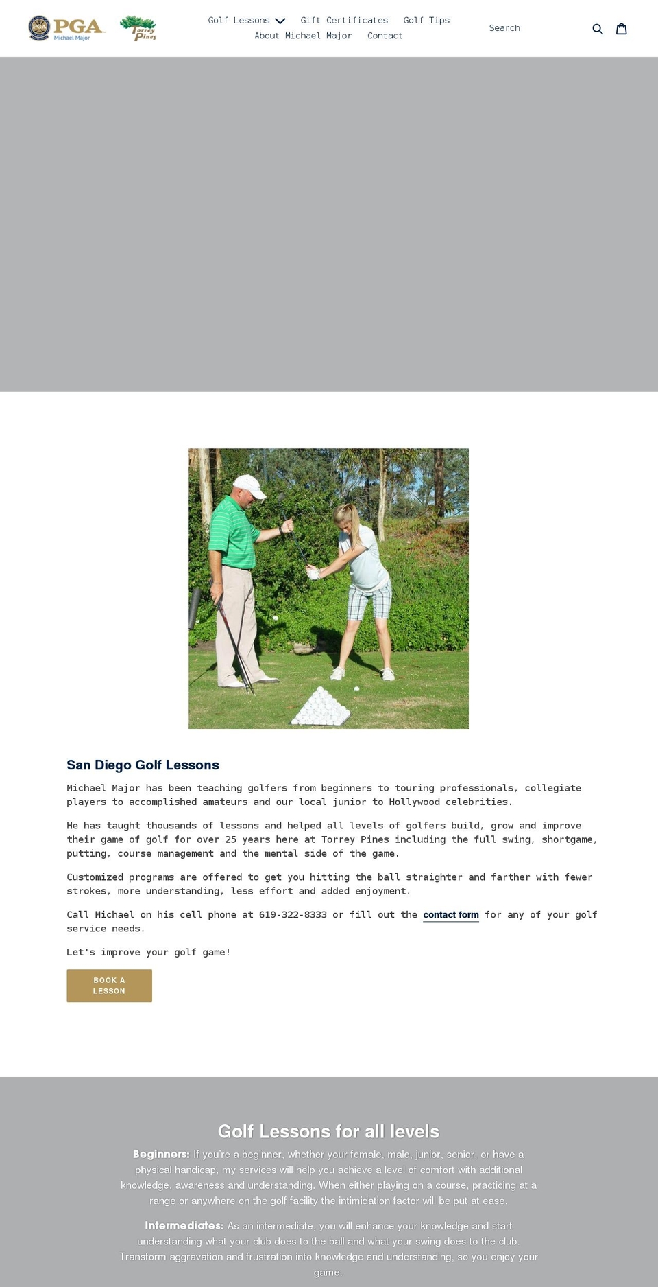 majorgolflessons.com shopify website screenshot