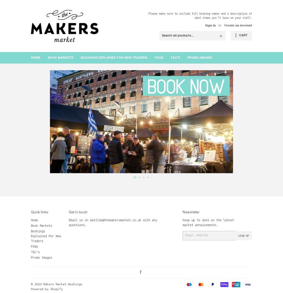 makersmarketbookings.co.uk shopify website screenshot