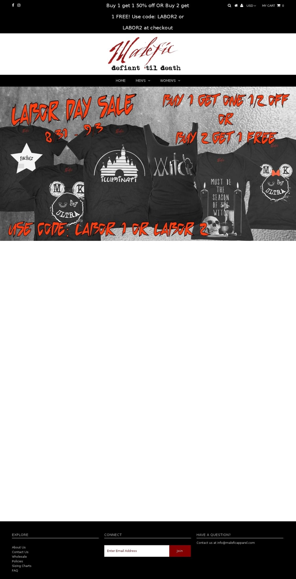 maleficapparel.com — Shopify storefront screenshot