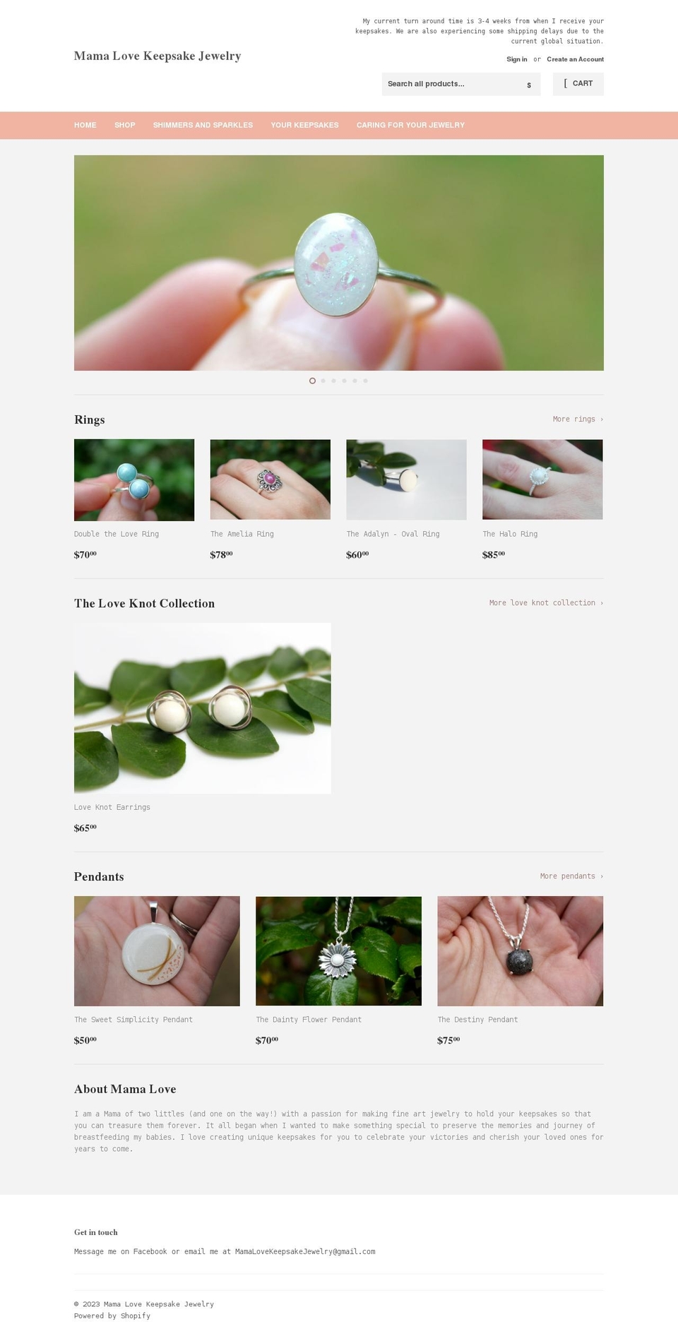 mamalovekeepsakejewelry.com shopify website screenshot