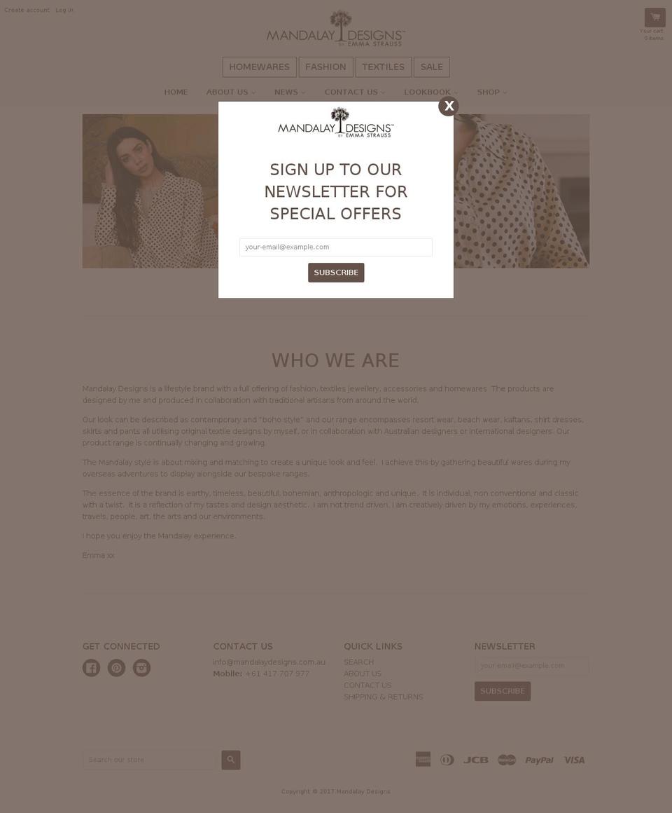 mandalaydesigns.com.au shopify website screenshot