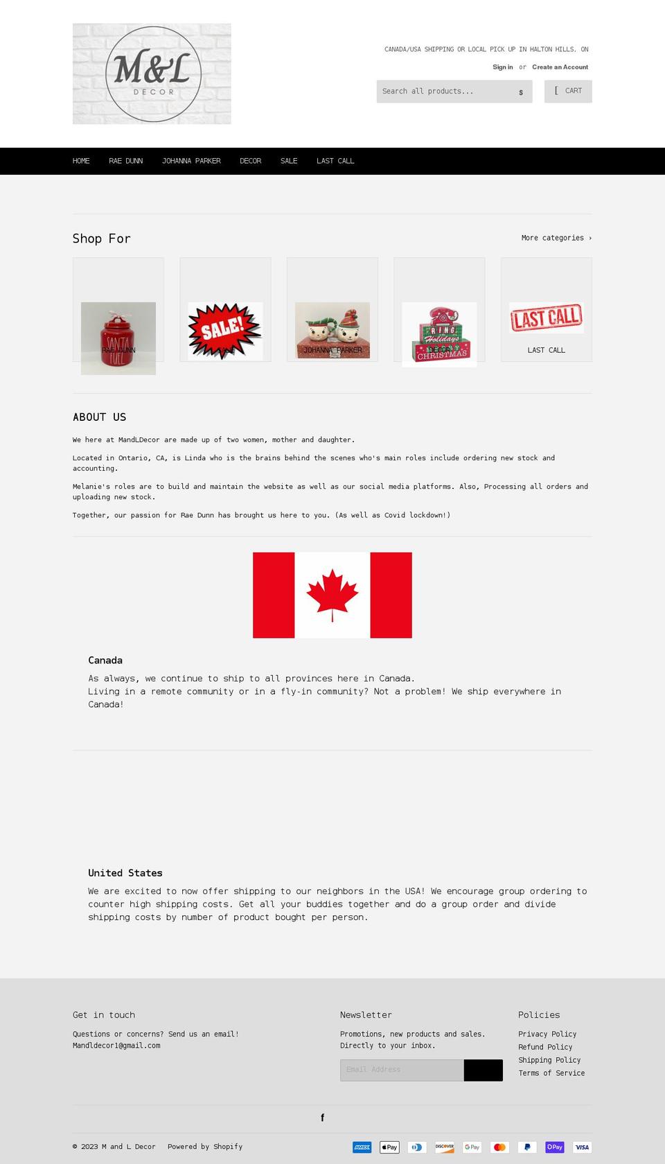 mandldecor.com shopify website screenshot