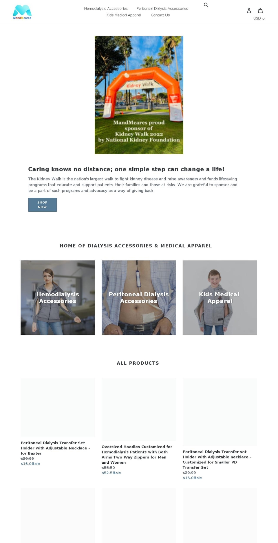 mandmcares.com shopify website screenshot