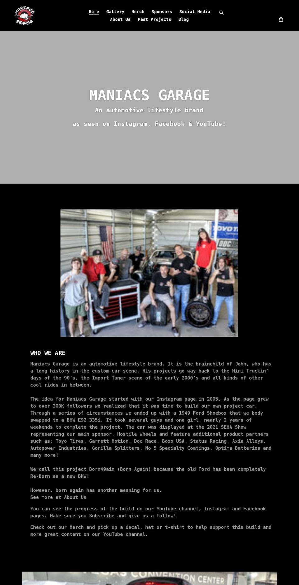 maniacsgarage.com shopify website screenshot