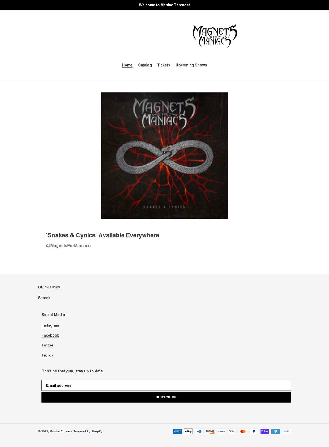 maniacthreads.com shopify website screenshot