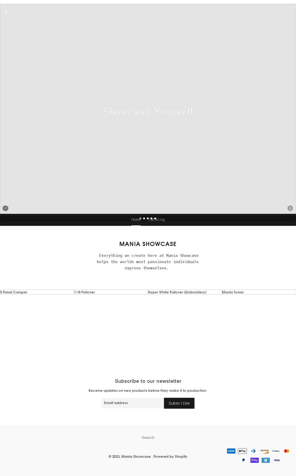 maniashowcase.com shopify website screenshot