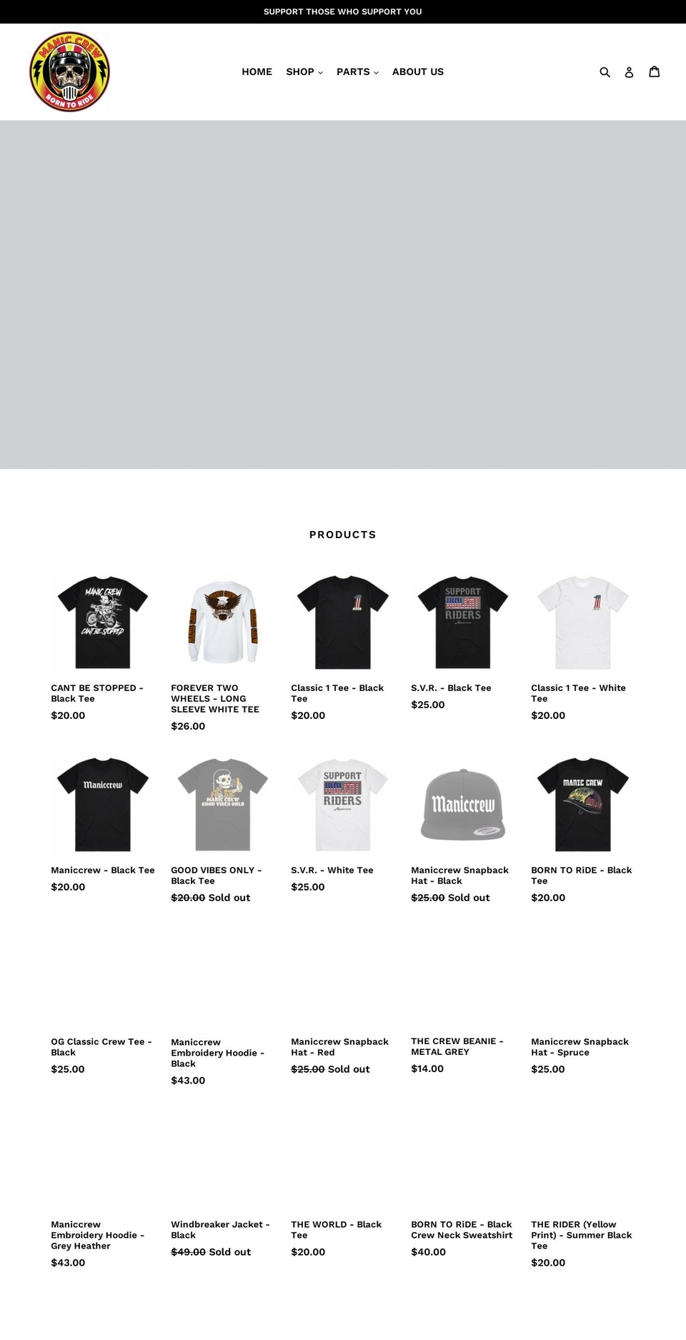 maniccrew.com shopify website screenshot