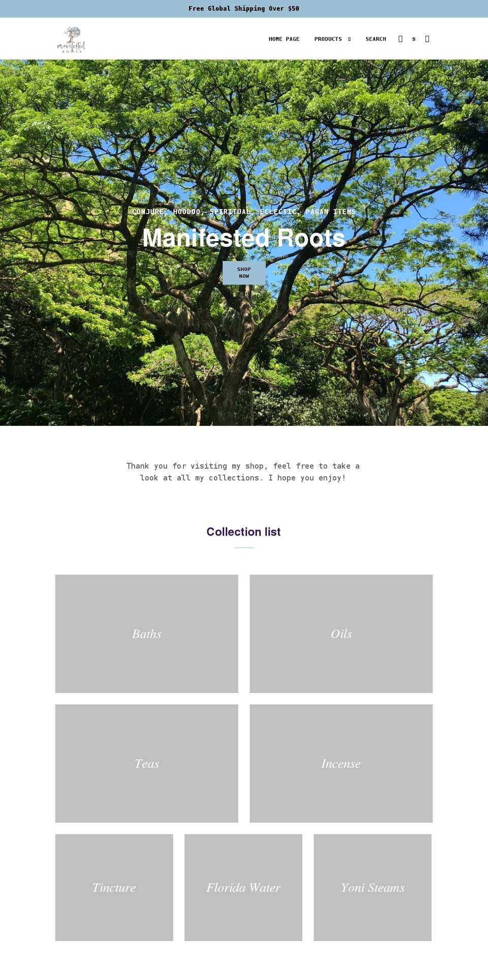 manifestedroots.com shopify website screenshot