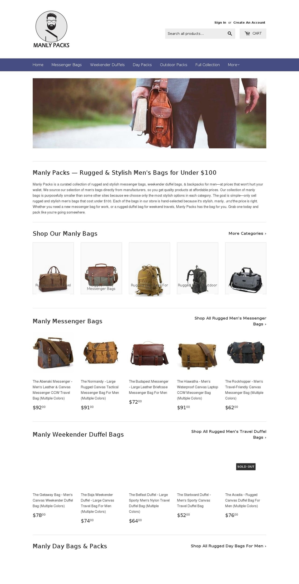 manlypacks.com shopify website screenshot