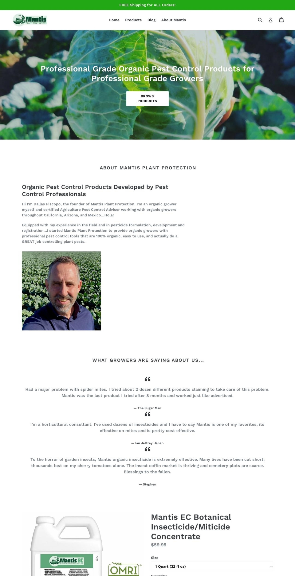 mantisorganic.com shopify website screenshot