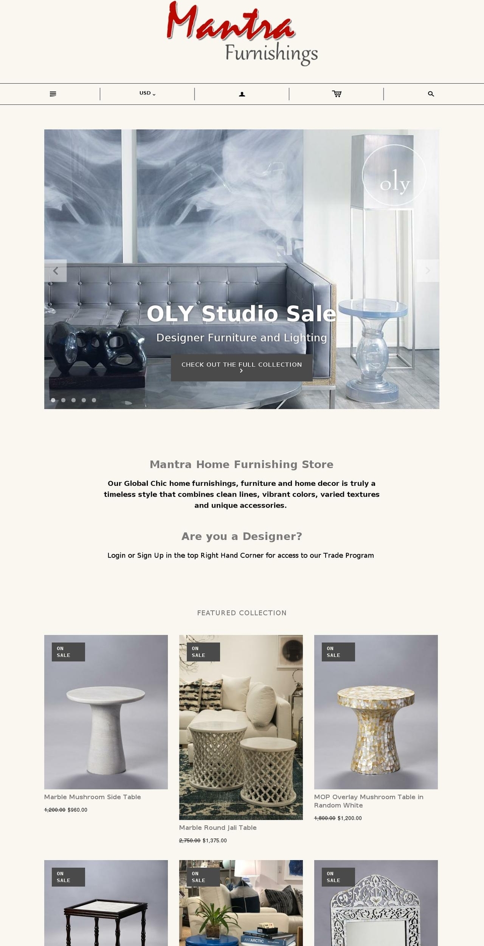 mantrafurnishings.com shopify website screenshot