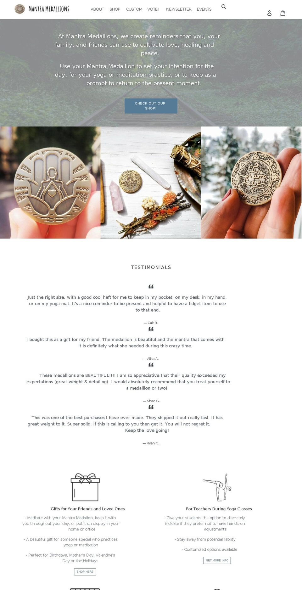 mantramedallions.com shopify website screenshot