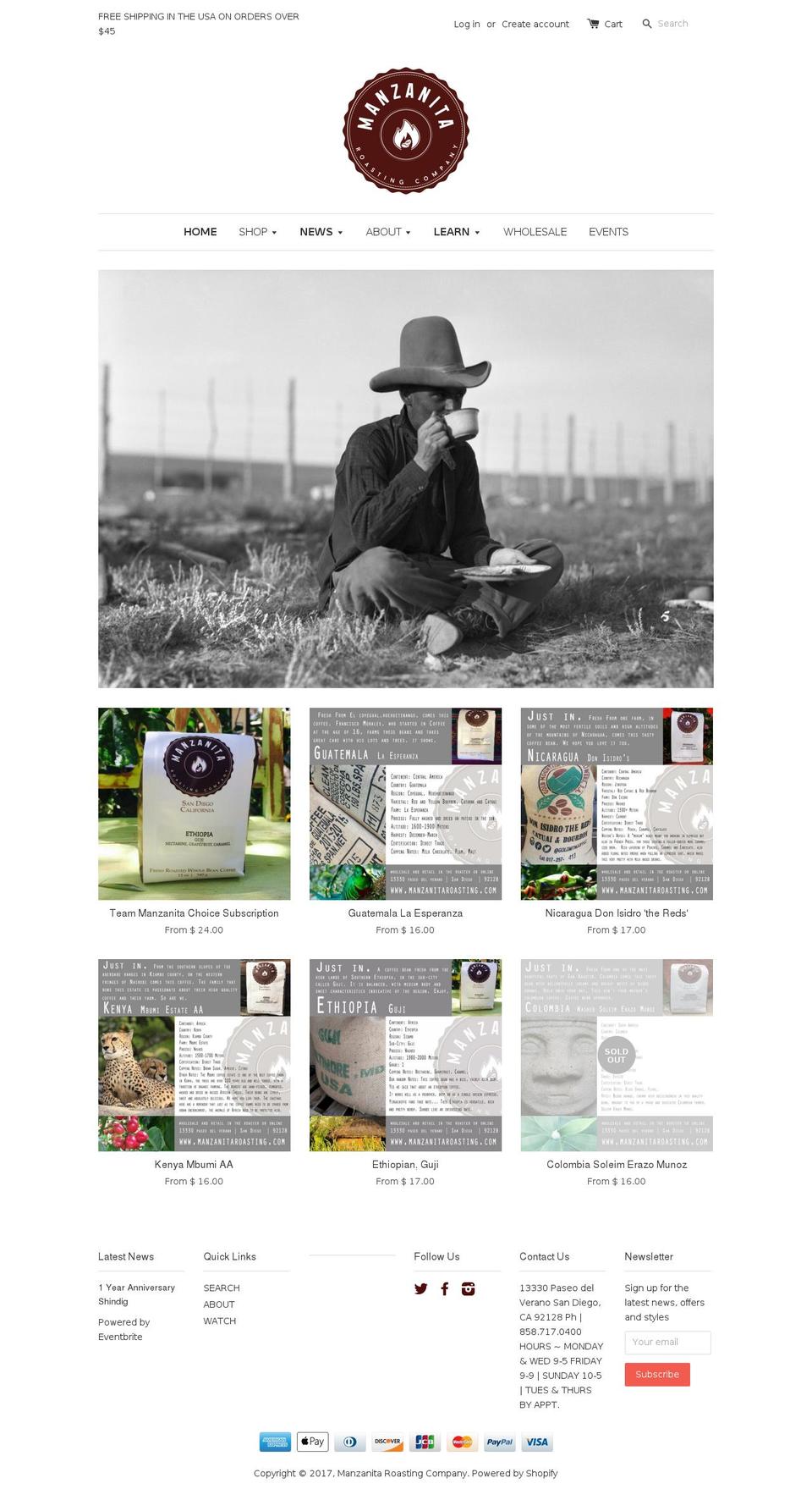 manzanitaroasting.com shopify website screenshot