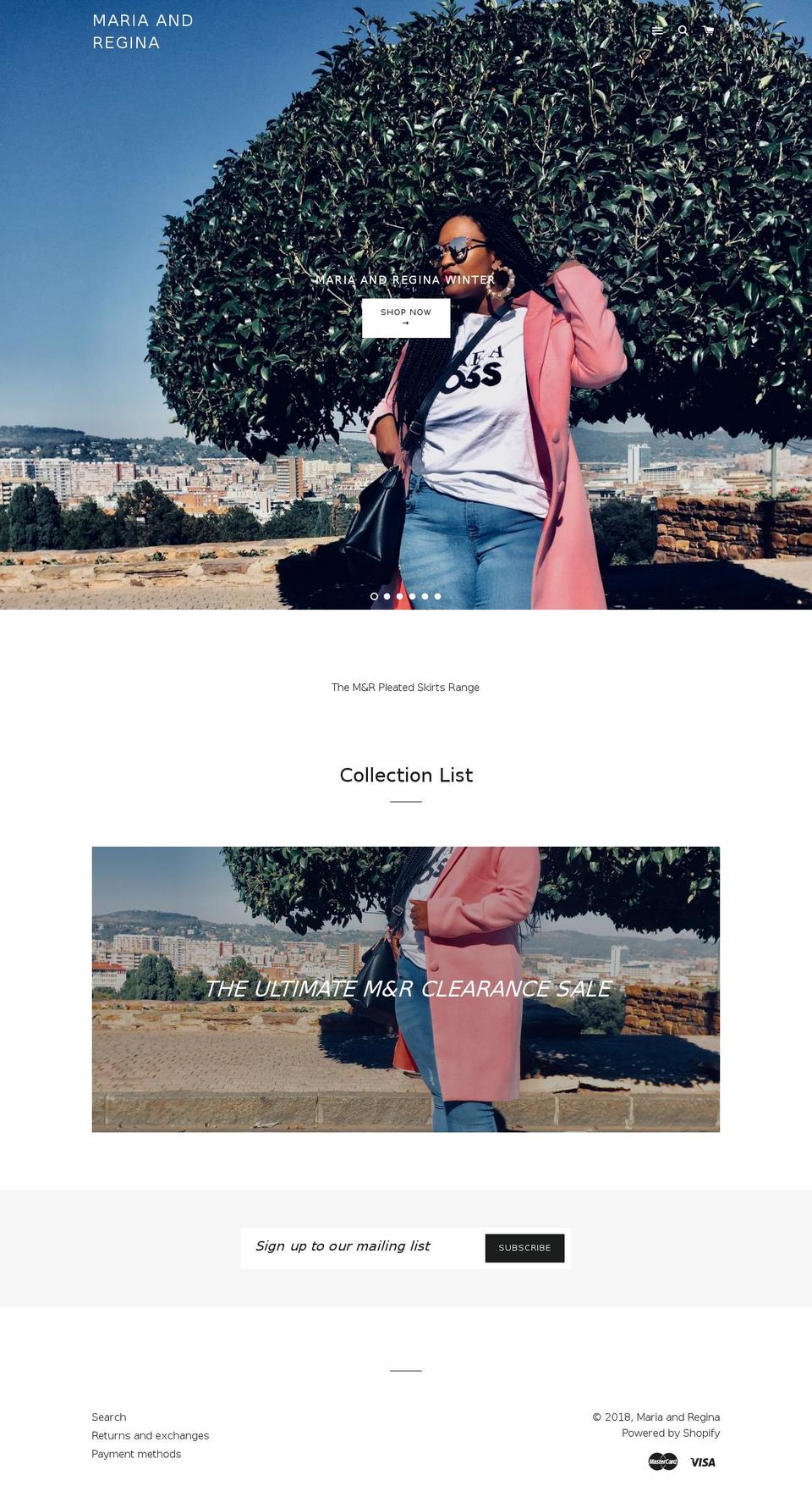 mariaandregina.com — Shopify storefront screenshot