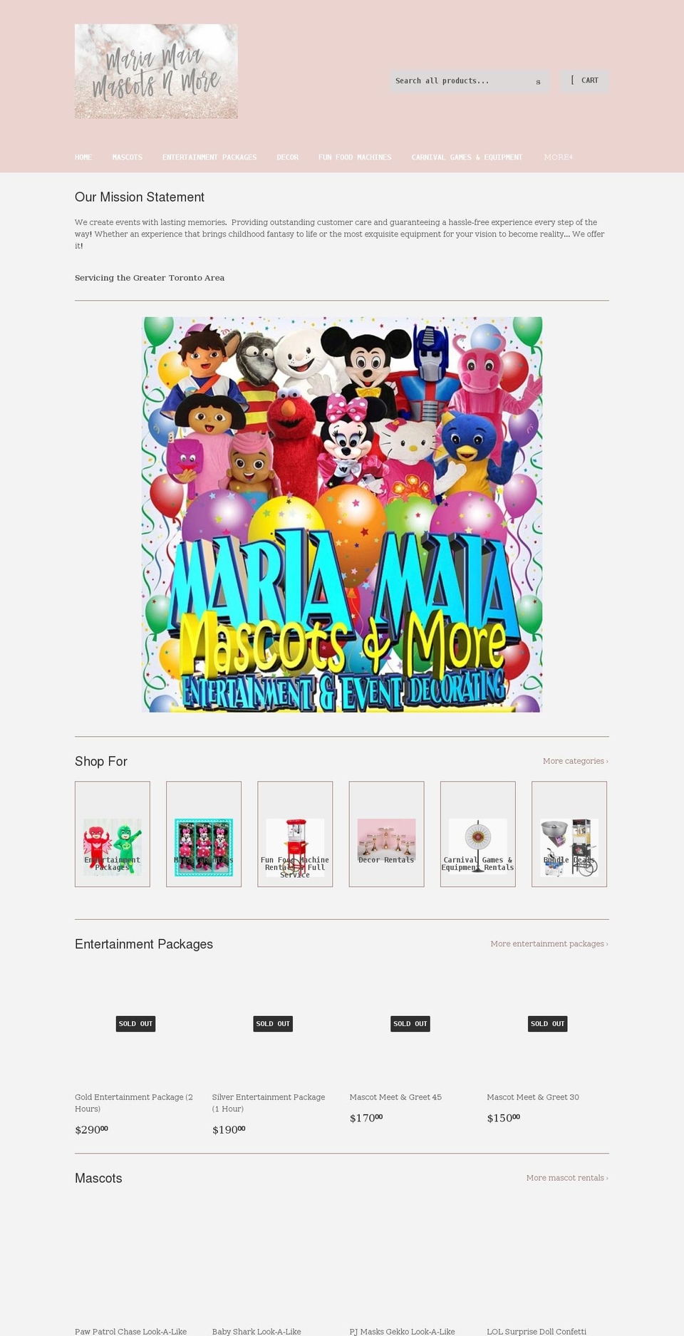 mariamaiamascots.com shopify website screenshot