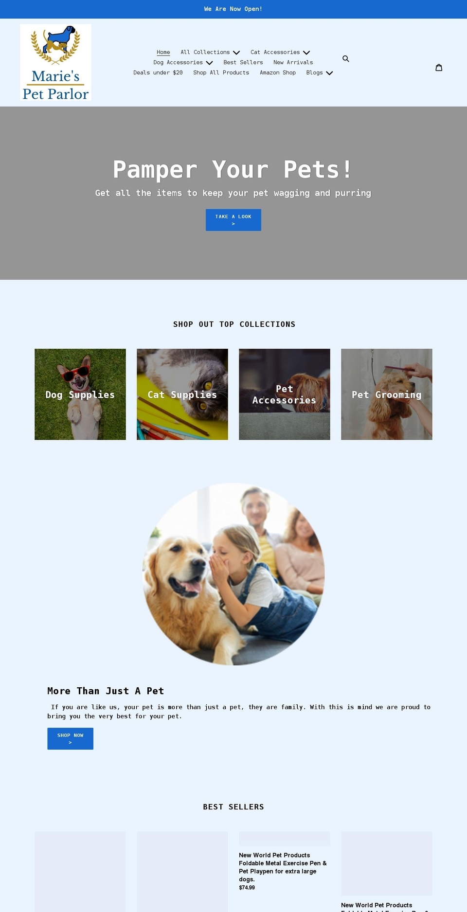 mariespetparlor.com shopify website screenshot