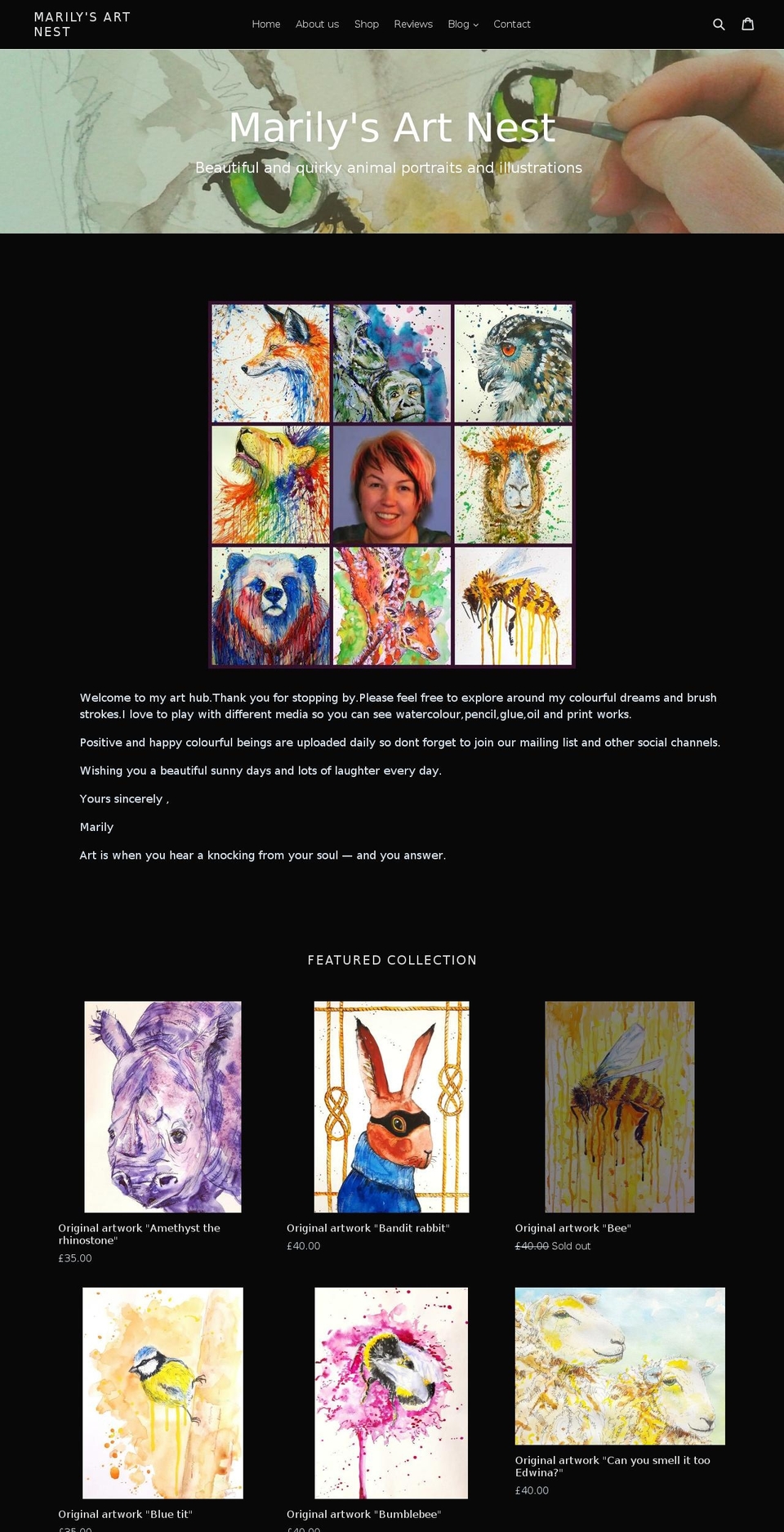 marilysartnest.com shopify website screenshot