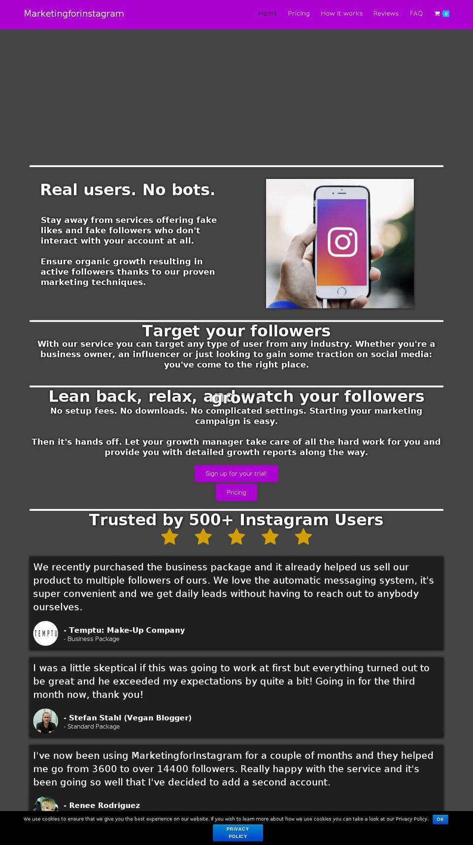 marketingforinstagram.com — Shopify storefront screenshot